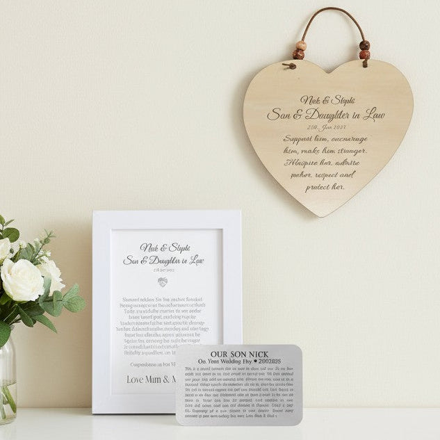 Personalised Son and Daughter-in-Law Wedding Gift Set – Mounted Poem, Wooden Heart & Wallet Card PureEssenceGreetings