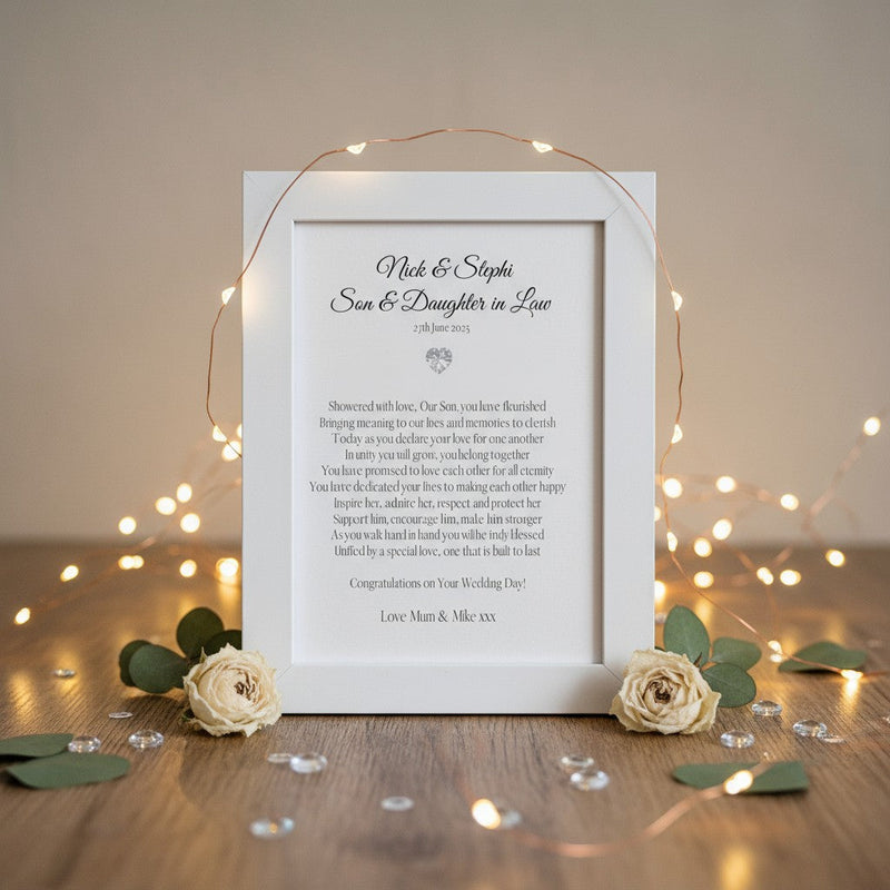 Personalised Son and Daughter-in-Law Wedding Gift Set – Mounted Poem, Wooden Heart & Wallet Card PureEssenceGreetings
