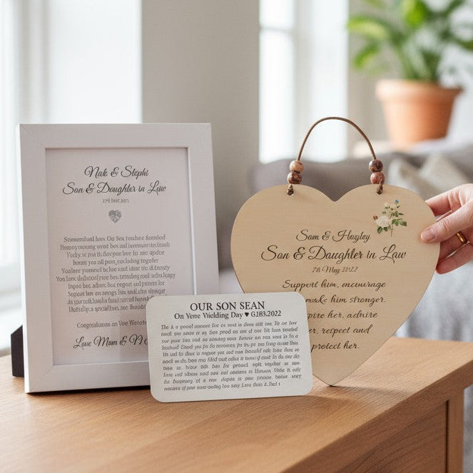 Personalised Son and Daughter-in-Law Wedding Gift Set – Mounted Poem, Wooden Heart & Wallet Card PureEssenceGreetings