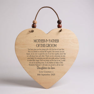 Mother & Father of The Groom - Personalised Heart Plaque | Wooden Sign PureEssenceGreetings