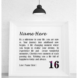 16th Birthday Framed Personalised Poem - Pure Essence Greetings 