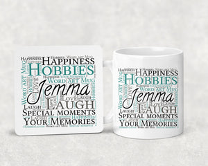 Personalised Mug & Coaster Set - Own Word Art PureEssenceGreetings