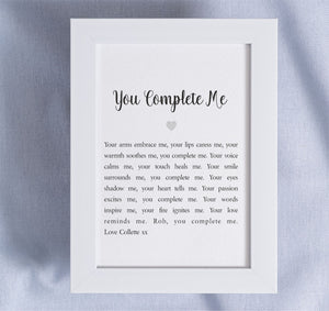 You Complete Me Personalised Mounted Love Poem Card PureEssenceGreetings