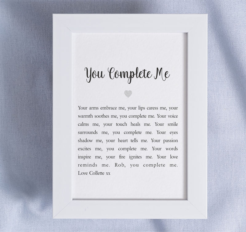 You Complete Me Personalised Mounted Love Poem Card PureEssenceGreetings