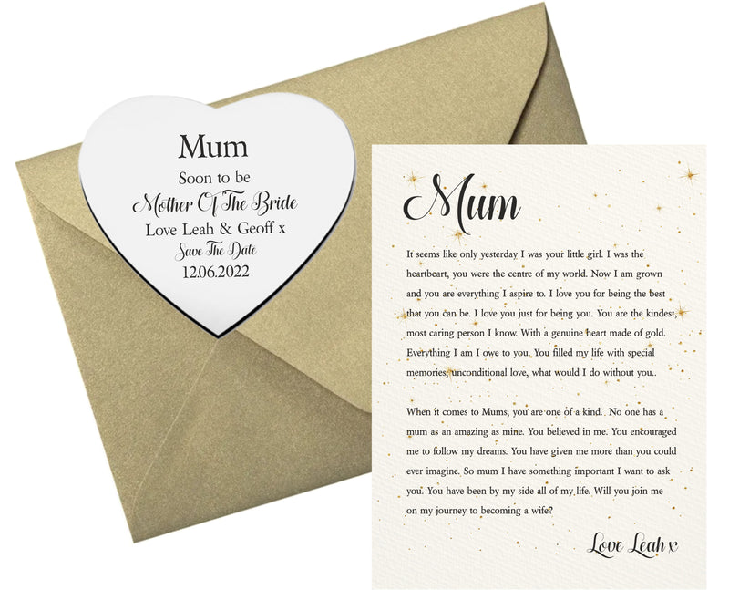 Save the Date Personalised Mother of the Bride to Be Poem Print & Heart Token PureEssenceGreetings