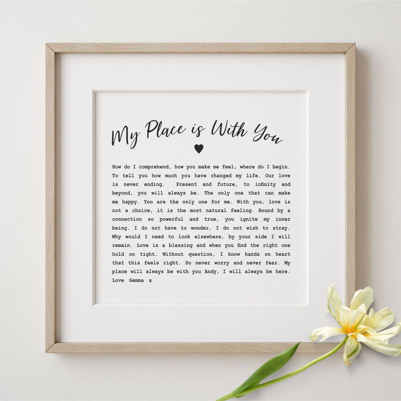 My Place is With You Personalised Mounted Love Poem Card PureEssenceGreetings