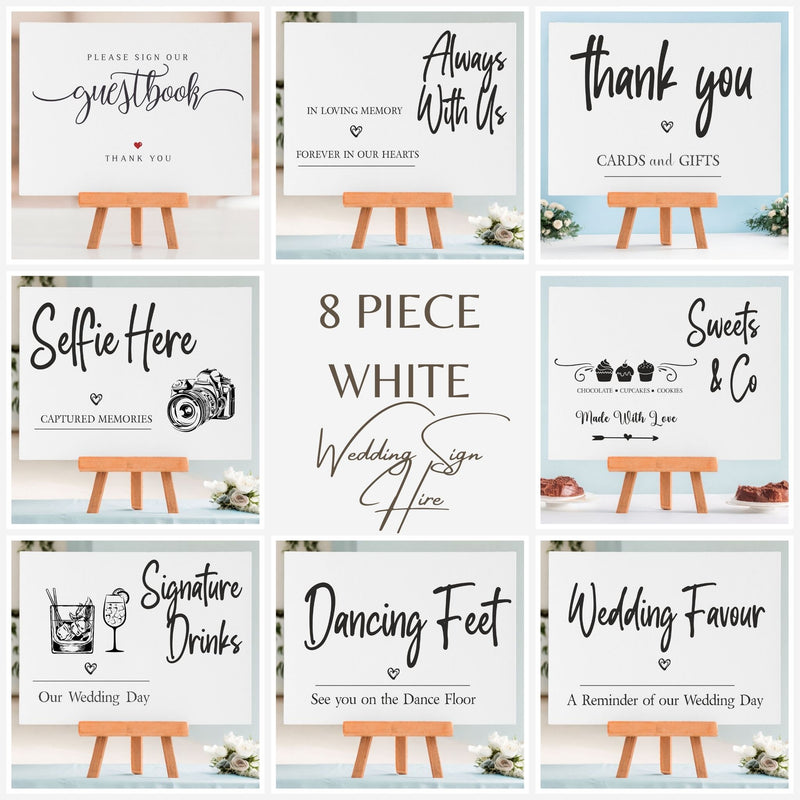 8 Piece White Wedding Table Sign Package | Hire Service (Copy) Pure Essence Greetings