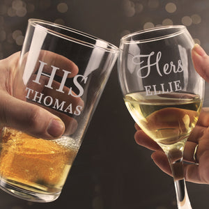 Personalised His & Her Pint and Wine Glass Set PureEssenceGreetings