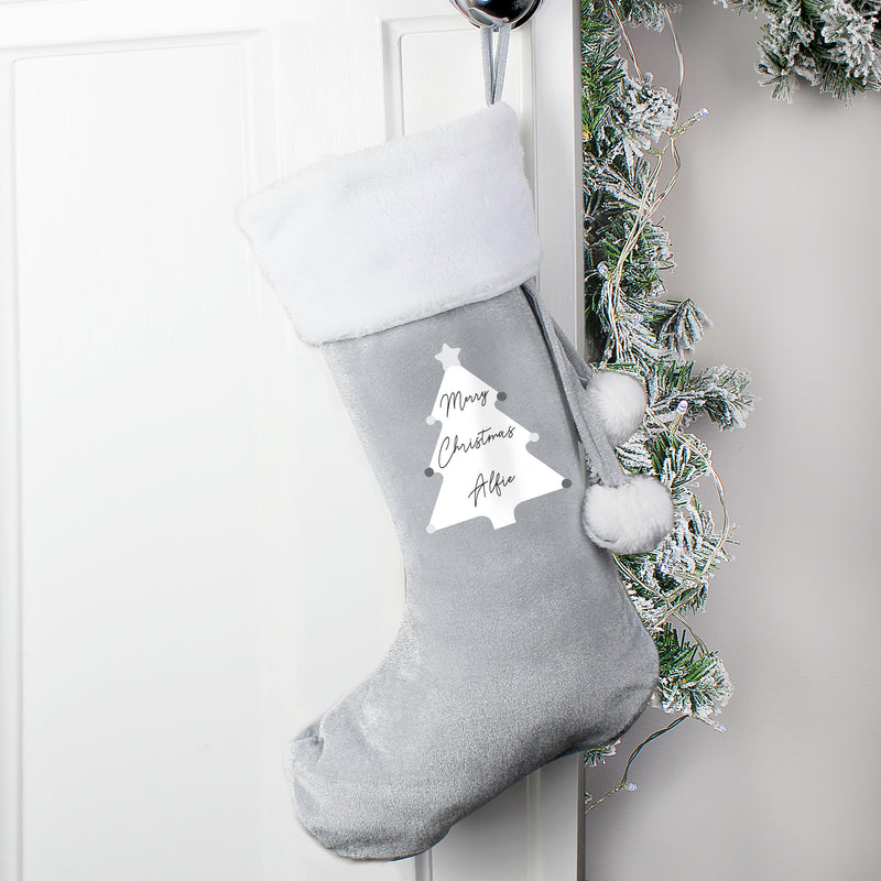 Personalised Christmas Tree Luxury Silver Grey Stocking PureEssenceGreetings