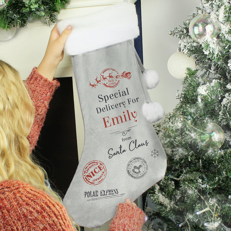 Personalised Special Delivery Silver Grey Stocking PureEssenceGreetings