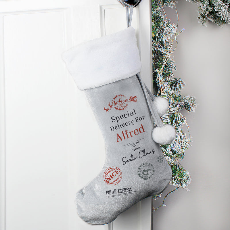 Personalised Special Delivery Silver Grey Stocking PureEssenceGreetings