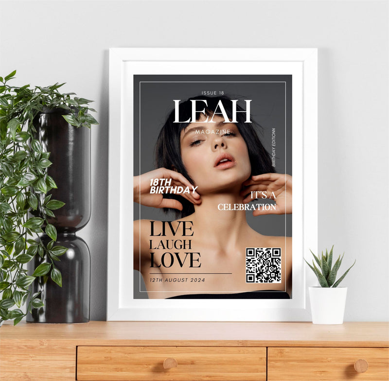 Personalised Birthday Magazine Cover QR Code Poster – Fashion Style A3 Pure Essence Greetings