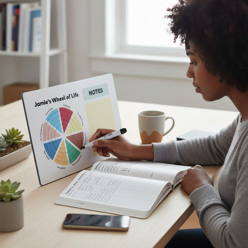 Personalised Wheel of Life Metal Fridge A5 Dry Wipe Board & Journal Set Pure Essence Greetings