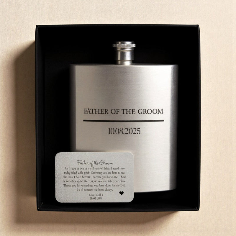 Personalised Wedding Hipflask & Wallet Card Set | Father of the Groom PureEssenceGreetings
