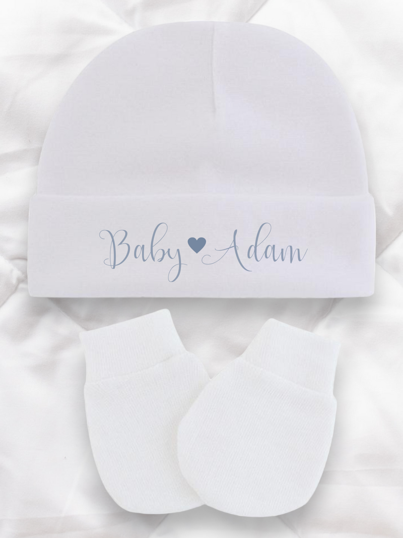 Personalised Baby Hat & Mitten Set Pure Essence Greetings 