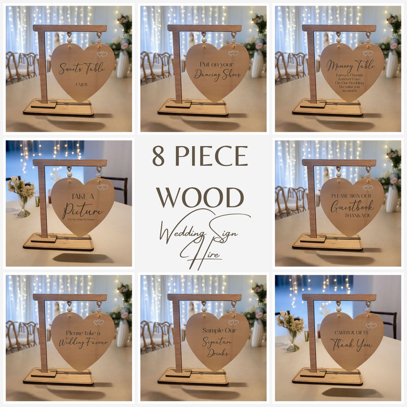 8 Piece Wood Wedding Table Sign Package | Hire Service Pure Essence Greetings