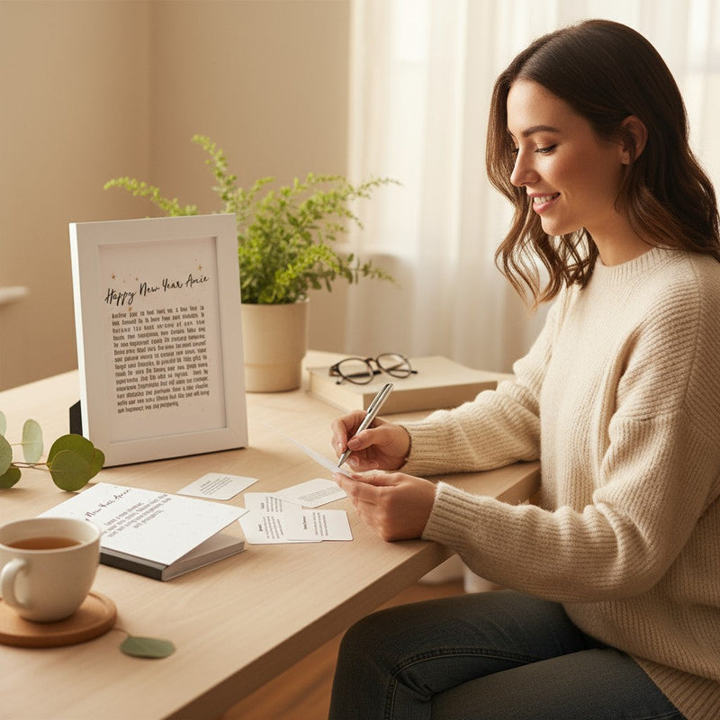 Mounted New Year Card | A5 Journal | 30 Wellbeing Reflection Cards Gift Set Pure Essence Greetings