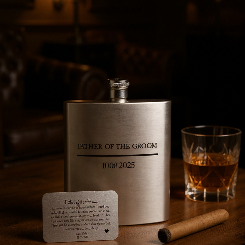 Personalised Wedding Hipflask & Wallet Card Set | Father of the Groom PureEssenceGreetings