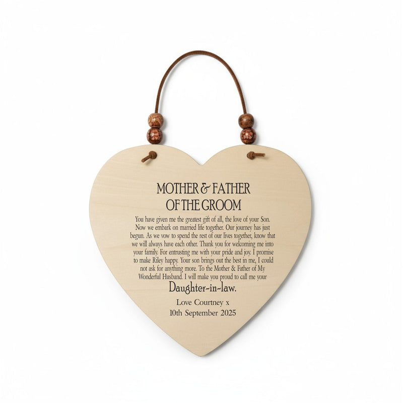 Mother & Father of The Groom - Personalised Heart Plaque | Wooden Sign PureEssenceGreetings