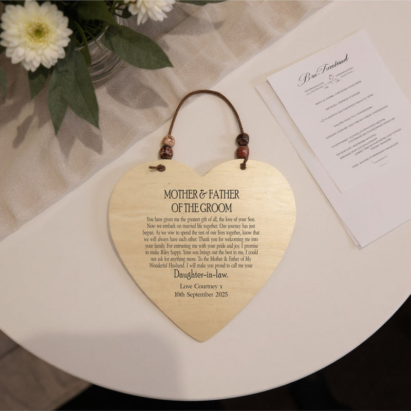 Mother & Father of The Groom - Personalised Heart Plaque | Wooden Sign PureEssenceGreetings