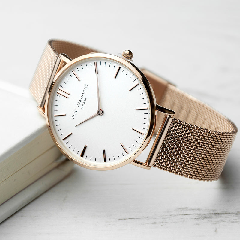 Personalised Rose Gold Mesh Strapped Watch With White Dial PureEssenceGreetings