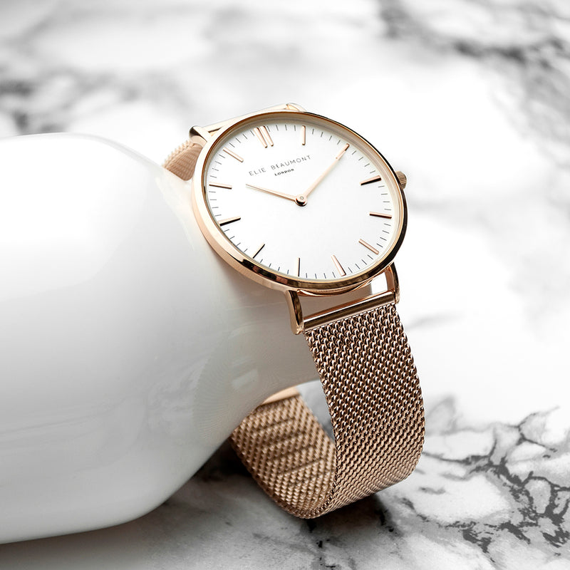 Personalised Rose Gold Mesh Strapped Watch With White Dial PureEssenceGreetings