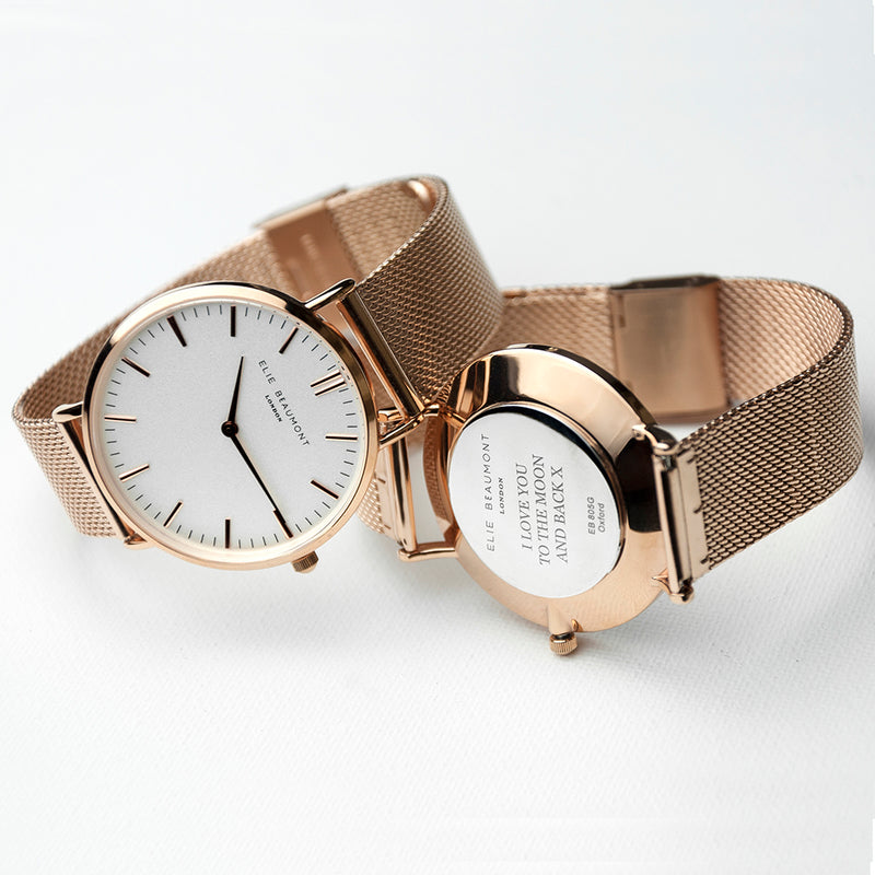 Personalised Rose Gold Mesh Strapped Watch With White Dial PureEssenceGreetings