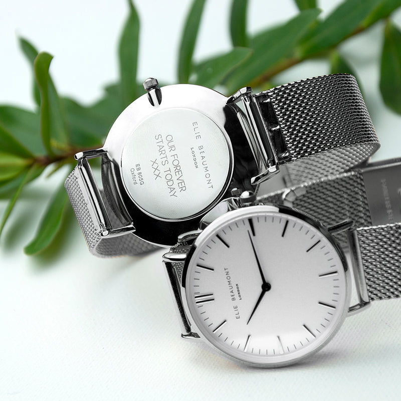 Personalised Metallic Mesh Strapped Watch With White Dial PureEssenceGreetings
