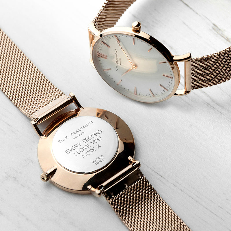 Personalised Rose Gold Mesh Strapped Watch With White Dial PureEssenceGreetings