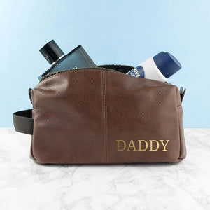 Personalised Luxury Brown Leatherette Wash Bag PureEssenceGreetings