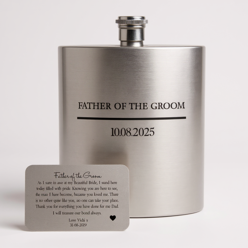 Personalised Wedding Hipflask & Wallet Card Set | Father of the Groom PureEssenceGreetings