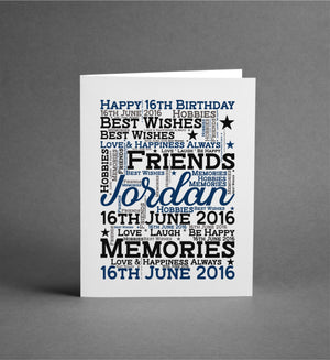 16th Birthday WordArt Personalised Card PureEssenceGreetings