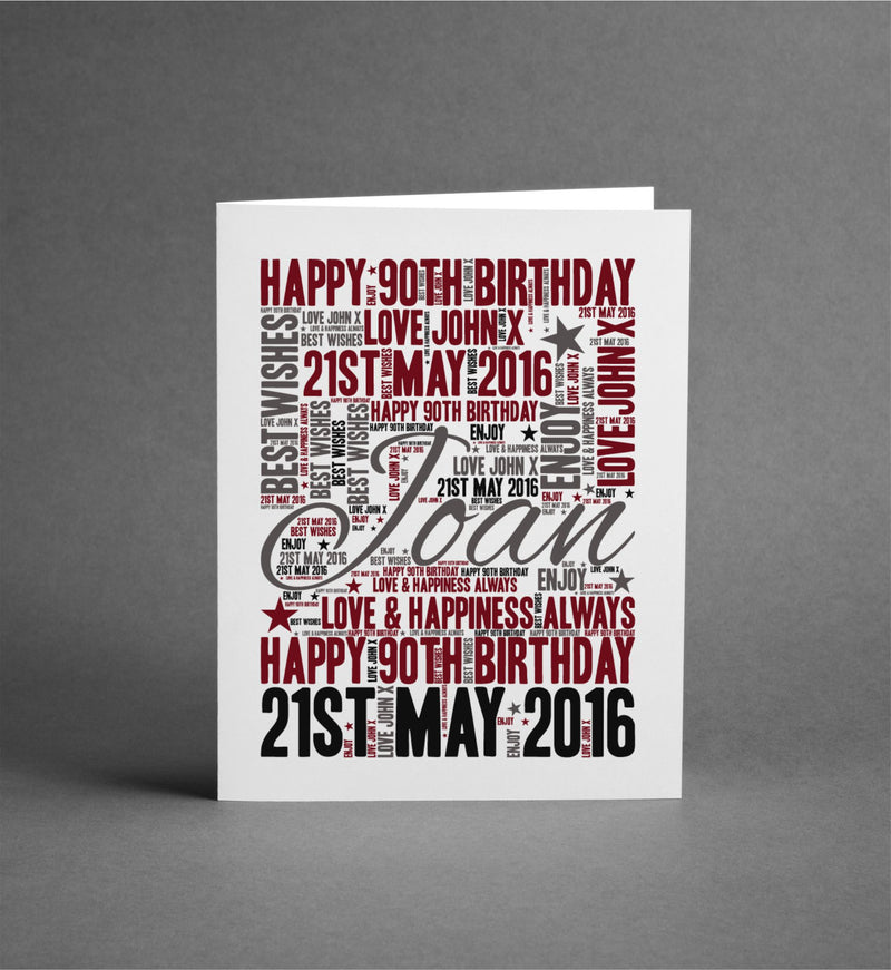 90th Birthday WordArt Personalised Card PureEssenceGreetings