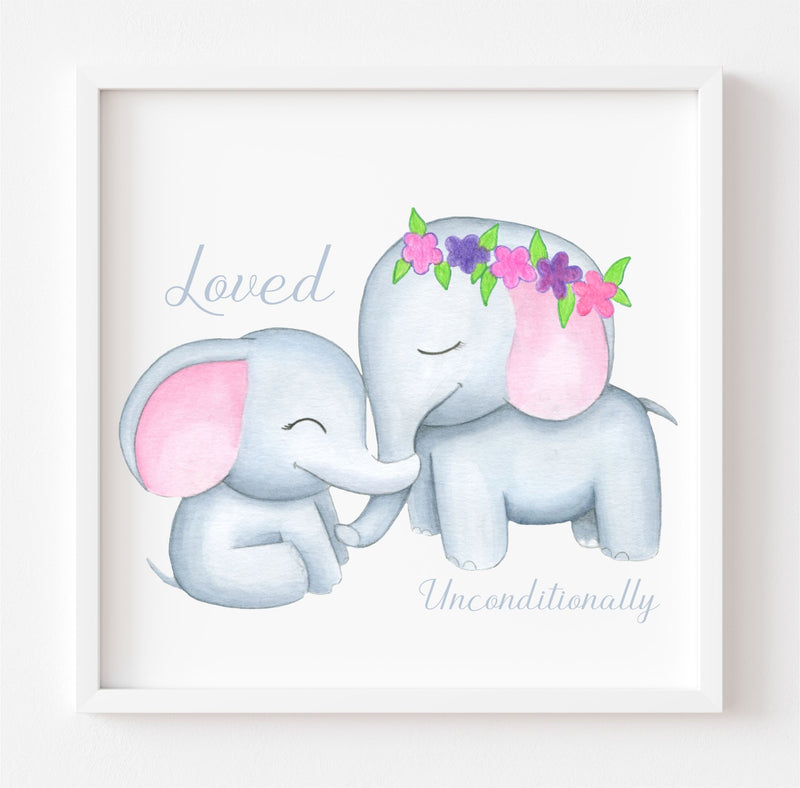 Mother and Child Cute Elephants Children's Bedroom Framed Sparkle Print PureEssenceGreetings