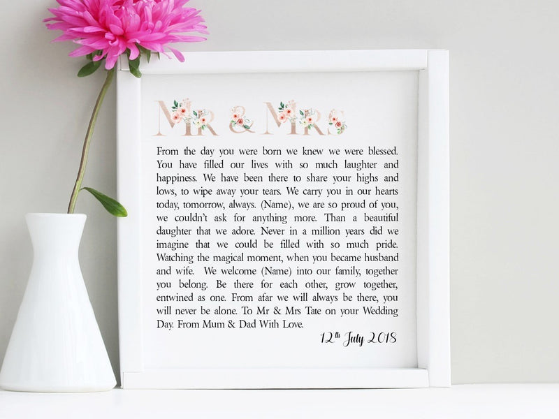 Daughter & Son in Law Mrs and Mrs Framed Wedding Poem PureEssenceGreetings