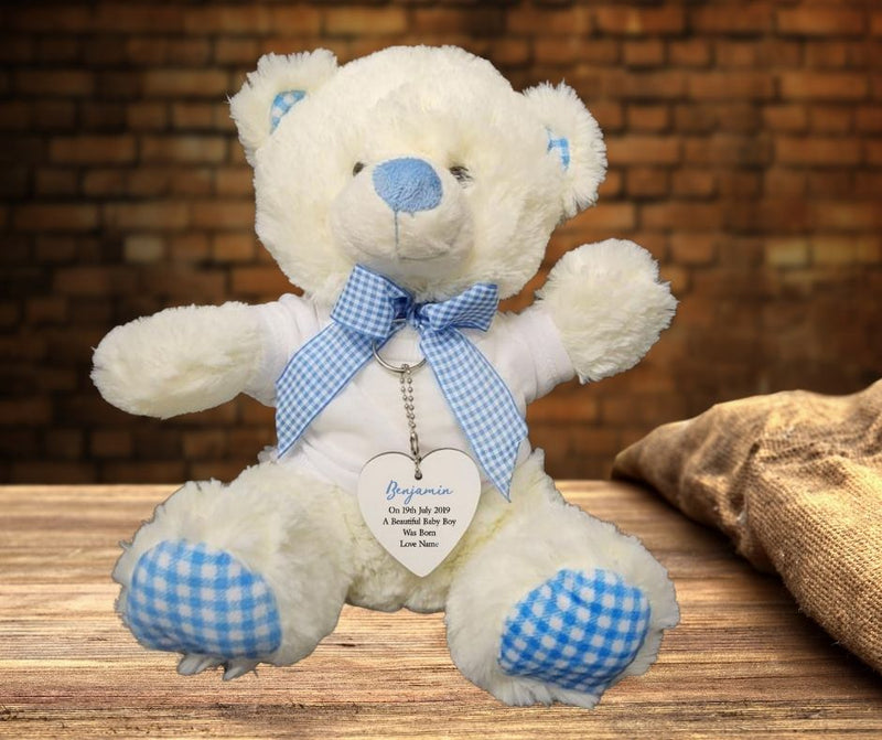 Personalised Newborn Baby Teddy Bear With Heart Tag & Guardian Angel Pin PureEssenceGreetings