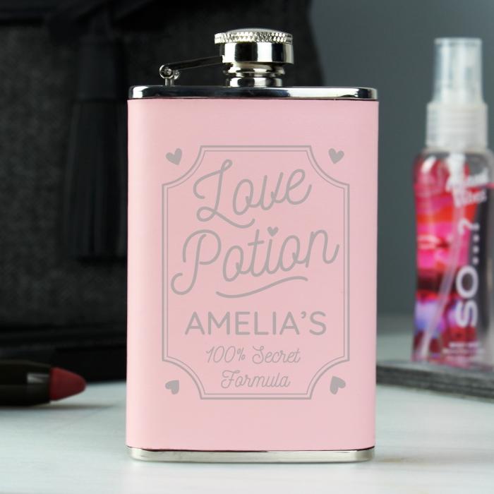 Personalised Love Potion Pink Hip Flask - PureEssenceGreetings 