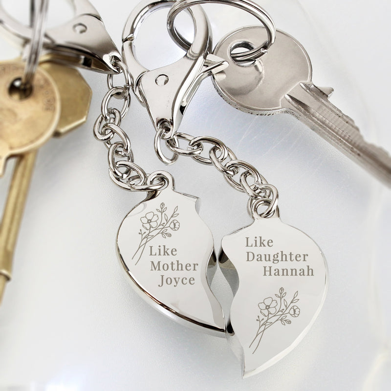 Personalised Floral Mother Daughter Two Heart Keyring PureEssenceGreetings