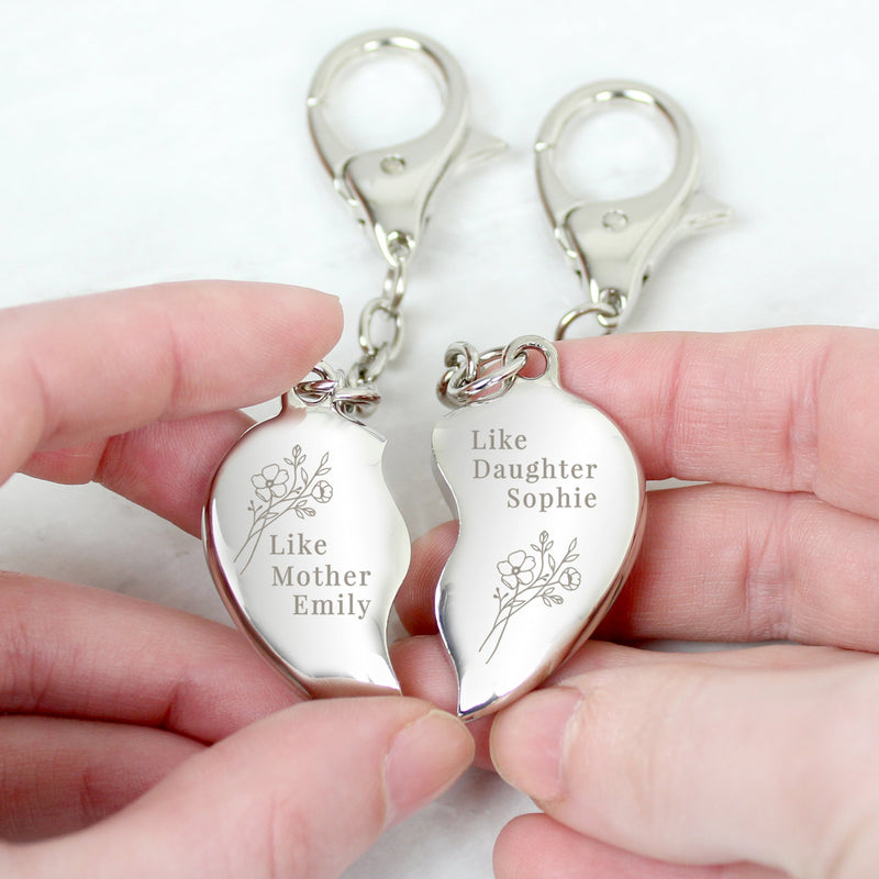 Personalised Floral Mother Daughter Two Heart Keyring PureEssenceGreetings