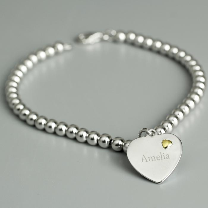 Personalised Sterling Silver and 9ct Gold Heart Bracelet - PureEssenceGreetings 