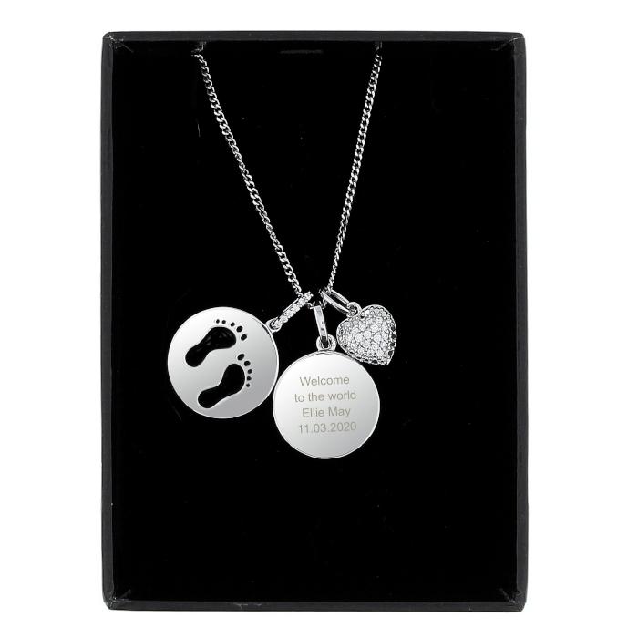 Personalised Sterling Silver Footprints and Cubic Zirconia Heart Necklace - PureEssenceGreetings 