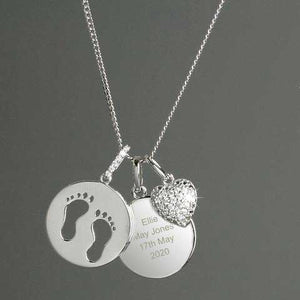 Personalised Sterling Silver Footprints and Cubic Zirconia Heart Necklace - PureEssenceGreetings 