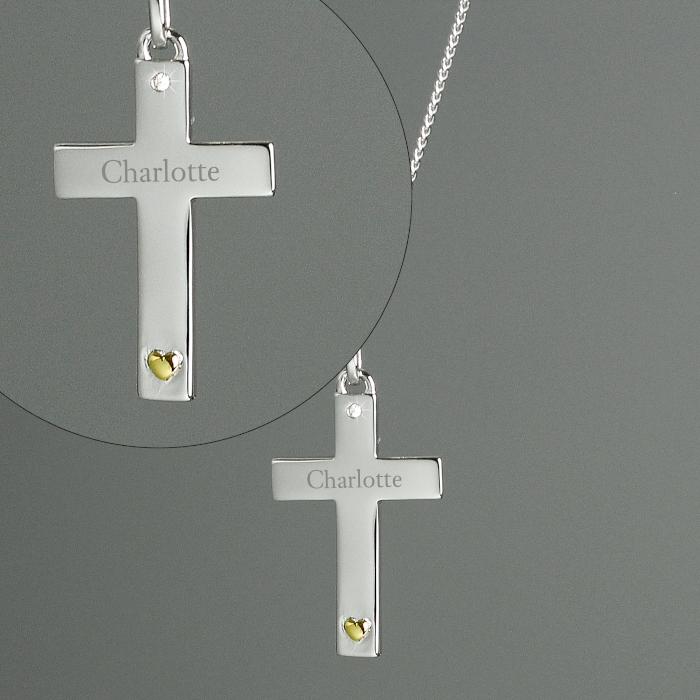 Personalised Sterling Silver Cross with 9ct Gold Heart & CZ Necklace - PureEssenceGreetings 