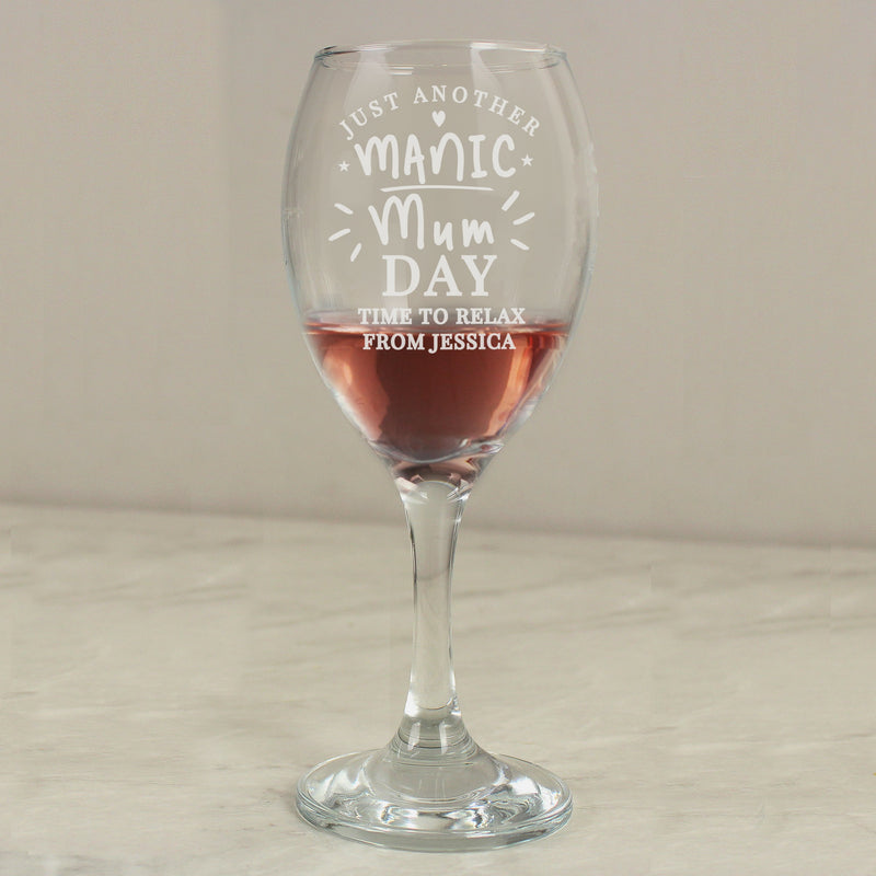 Personalised Manic Mum Day Wine Glass PureEssenceGreetings