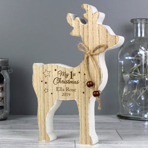 Personalised '1st Christmas' Rustic Wooden Reindeer Decoration - PureEssenceGreetings 