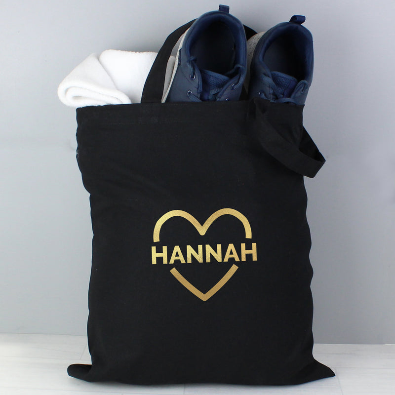 Personalised Gold Heart Black Cotton Bag - PureEssenceGreetings 