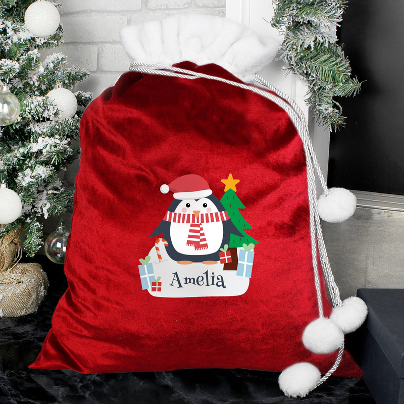 Personalised Christmas Penguin Luxury Pom Pom Red Sack PureEssenceGreetings