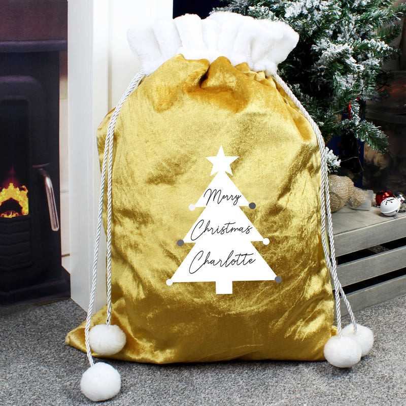 Personalised Christmas Tree Luxury Pom Pom Gold Sack PureEssenceGreetings