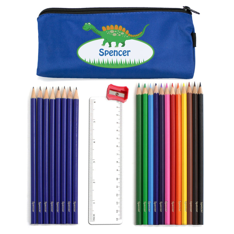 Blue Dinosaur Pencil Case with Personalised Pencils & Crayons PureEssenceGreetings