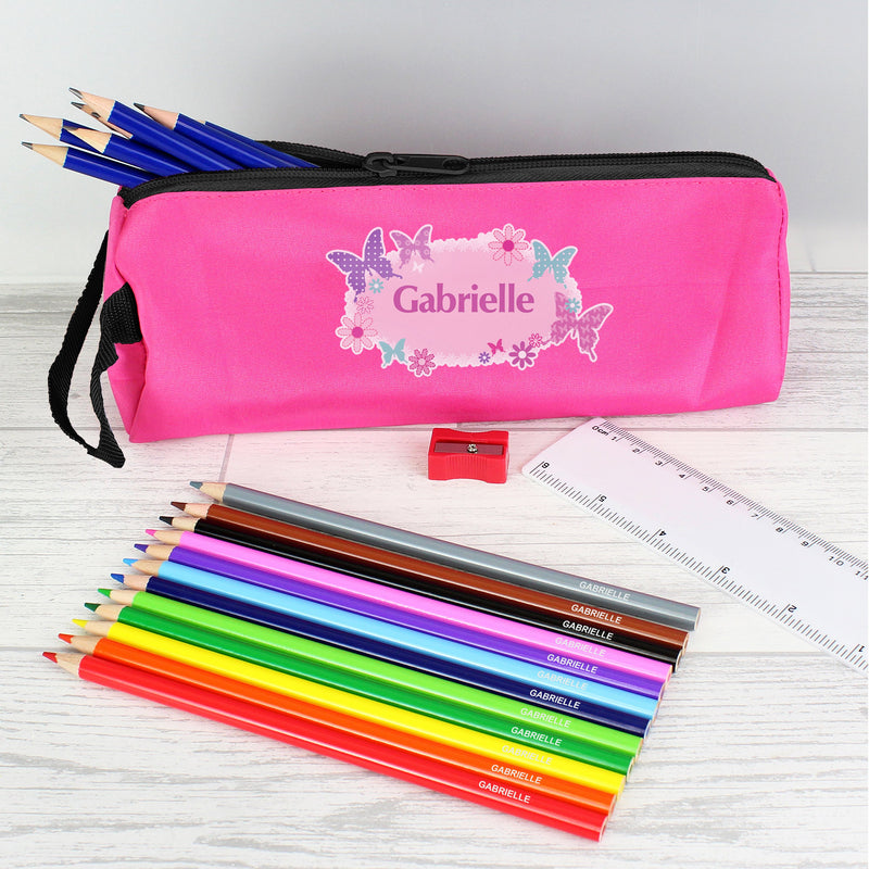 Pink Butterfly Pencil Case with Personalised Pencils & Crayons PureEssenceGreetings
